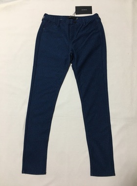 源269 蓝黑色千鸟格印花松紧腰铅笔小脚长裤legging 休闲百搭