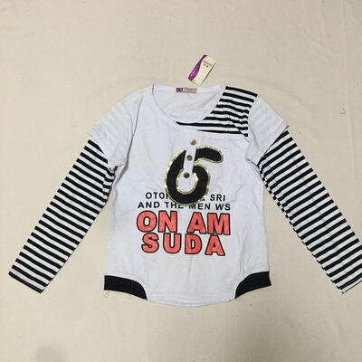 亮片装饰 假两件棉质圆领长袖T恤 休闲百搭 微瑕染色