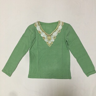 针织衫 样衣无标 精致立体花朵装 饰豆绿色九分袖 微瑕 T恤复古Y2K