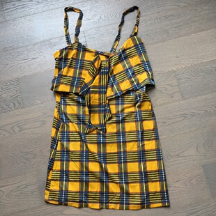 外贸出口样衣无标 黄色格纹系带吊带连衣裙短裙睡裙居家服