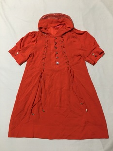 橘红色精致短袖 重工钻饰高端线 A字宽松连衣裙