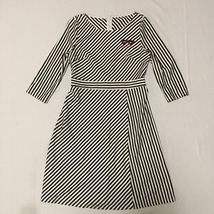 修身 样衣无标 经典 条纹九分袖 学院风可爱甜美 收腰连衣裙春秋款