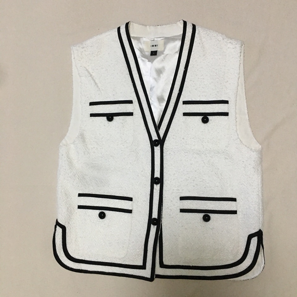 亚麻混纺 桑蚕丝真丝内衬 高端优雅气质小香风经典黑白撞色马甲