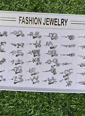 26字母英文单钻时尚百搭光面开口戒指环盒装戒指地摊韩版