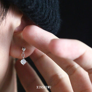 XINSHIWU925纯银炫闪单钻吊坠耳钉男女款 养耳洞耳饰 潮ins简约时尚