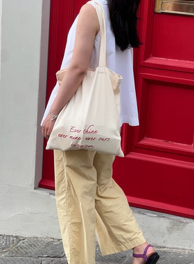 On Our Own原创 法式红刺绣人字纹纱卡棉托特包 精致帆布包袋百搭