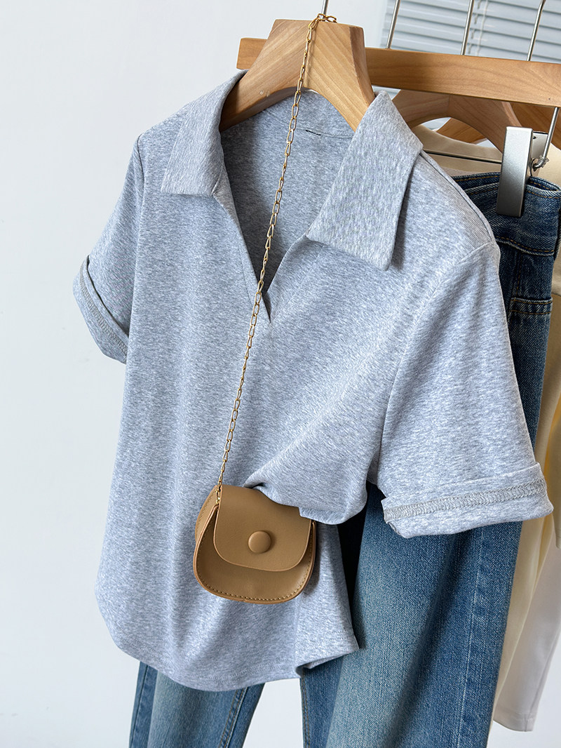 플러스 사이즈 여성 여름 지방 MM 세련되고 다재다능한 슬리밍 옷깃 반팔 티셔츠 여성 매력 티셔츠 탑 트렌디