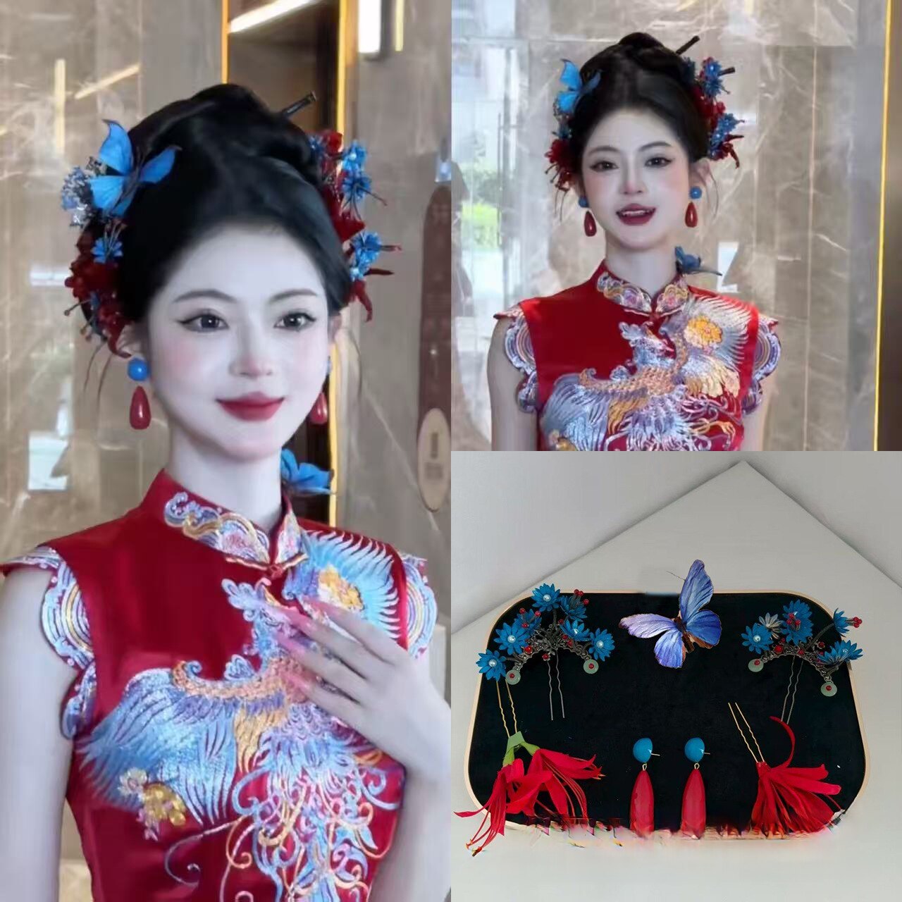 新中式新娘头饰森系蓝色蝴蝶发夹结婚纱礼服造型复古晨袍发饰品女