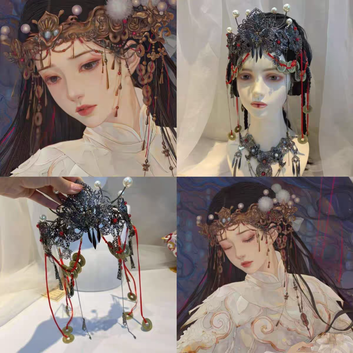 傩戏头饰纸嫁衣cos恐怖异域祭司汉服发冠古风恐怖鬼新娘铜钱头饰