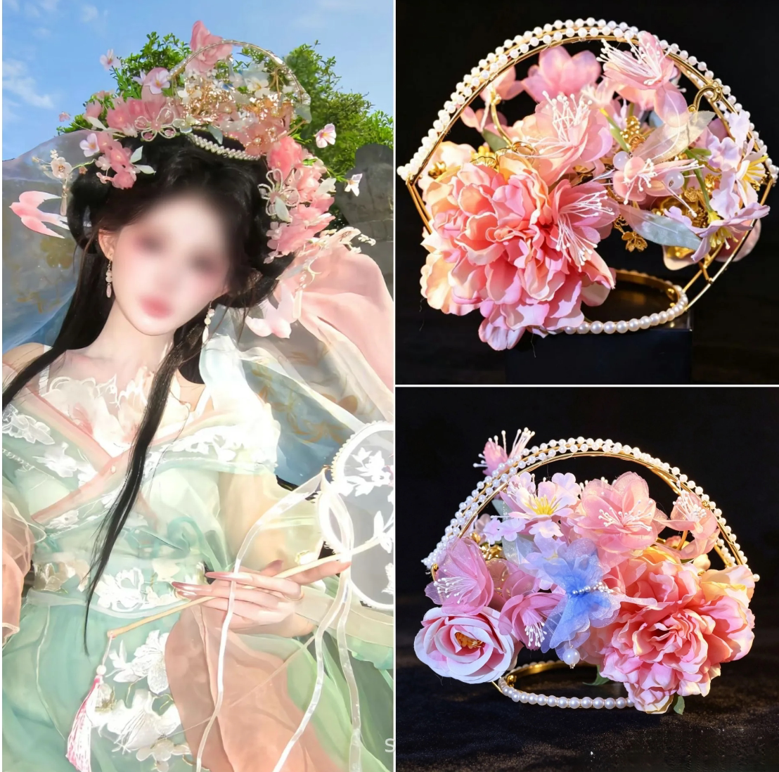新宋制汉服粉色花冠头饰古风珍珠妆花神仙子发冠明制仙美花朵配饰