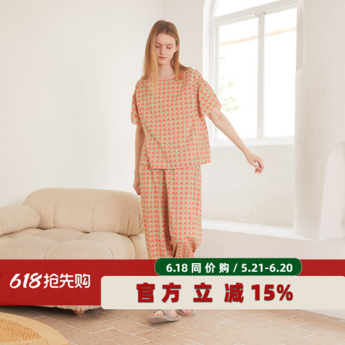 朵朵可可女纯棉格子短袖长裤睡衣
