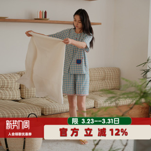 家居服套装 短裤 棉麻圆领撞色格子短袖 朵朵可可睡衣女2026春夏新款