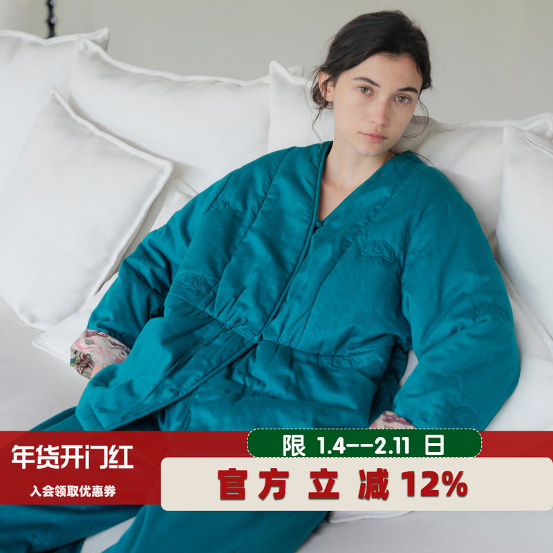 朵朵可可睡衣女2025秋冬新款纯棉新中式国风孔雀蓝刺绣夹棉睡衣套,女士内衣/男士内衣/家居服,睡衣/家居服套装,淘宝优惠券,粉丝福利购,淘宝优惠卷