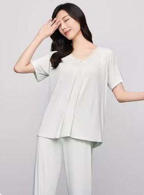 安莉芳薄荷蔓波纯色小V领柔软舒适高级感家居服套装女睡衣EL00736