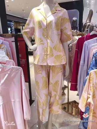 安莉芳夏季真丝短袖七分裤家居服蚕丝加棉印花舒适睡衣女EL00321