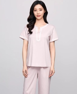 女EL00719 安莉芳春夏丝光纯棉小v圆领短袖 长裤 睡衣睡裤 家居服套装