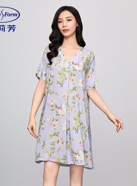 安莉芳夏季莫代尔梭织v领短袖碎花睡裙女士可外穿家居裙EL00725