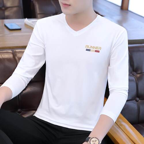 长袖T恤男士鸡心v领打底衫男装上衣服纯棉修身内搭秋衣体恤上衣服
