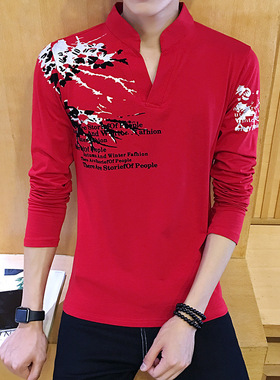 本命年大红色男士秋装长袖t恤2019新款男衫有带领子秋衣服潮上衣