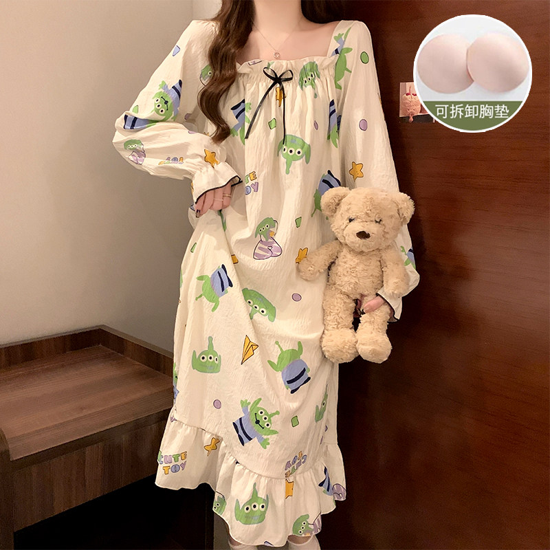 带胸垫睡裙女春秋款纯棉长袖睡衣女2024新款夏天秋冬卡通草莓熊