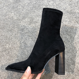 潮牌SW肯豆同款瘦腿弹力靴春秋新款超高跟鞋短靴粗跟方头马丁靴女