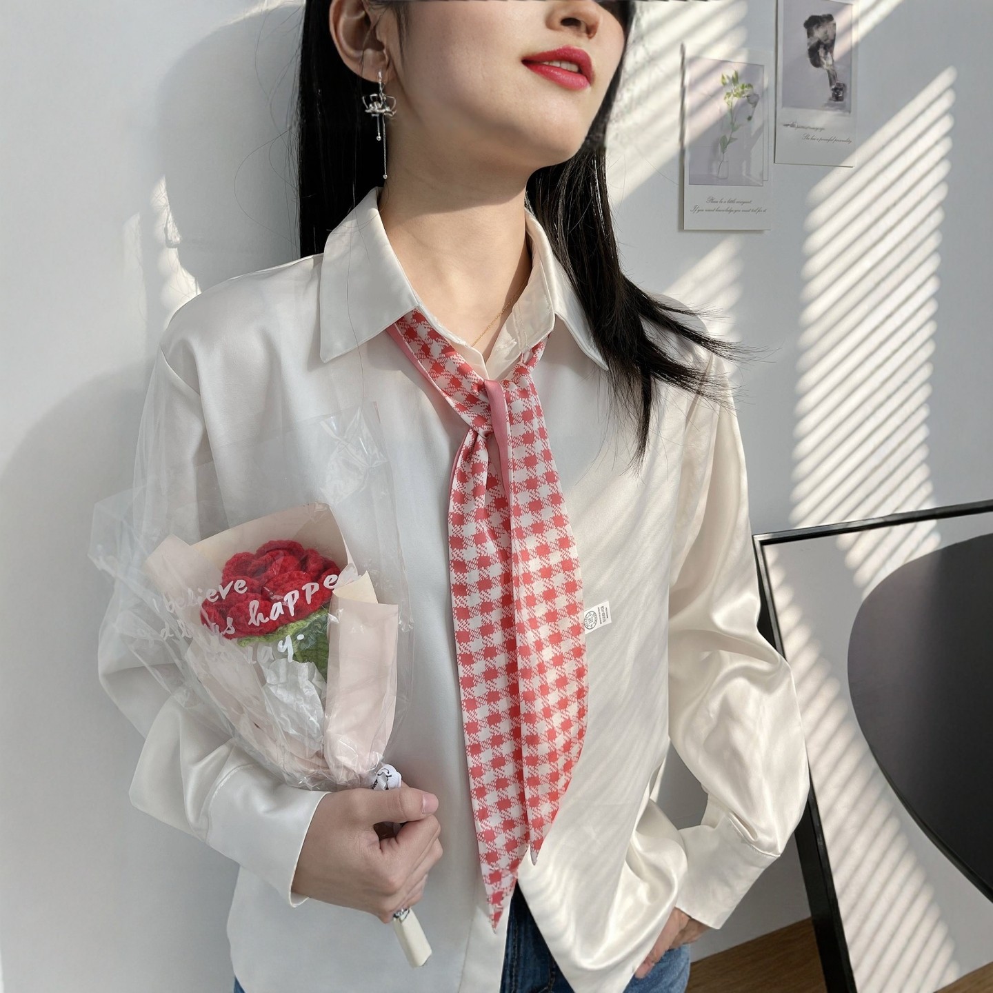 2026新红色丝巾法式丝巾女长条发带双面飘带包包手柄丝带系脖围巾