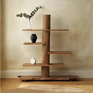 侘寂风博古架实木书架香樟木花架茶室置物架民宿新中式收纳展示架