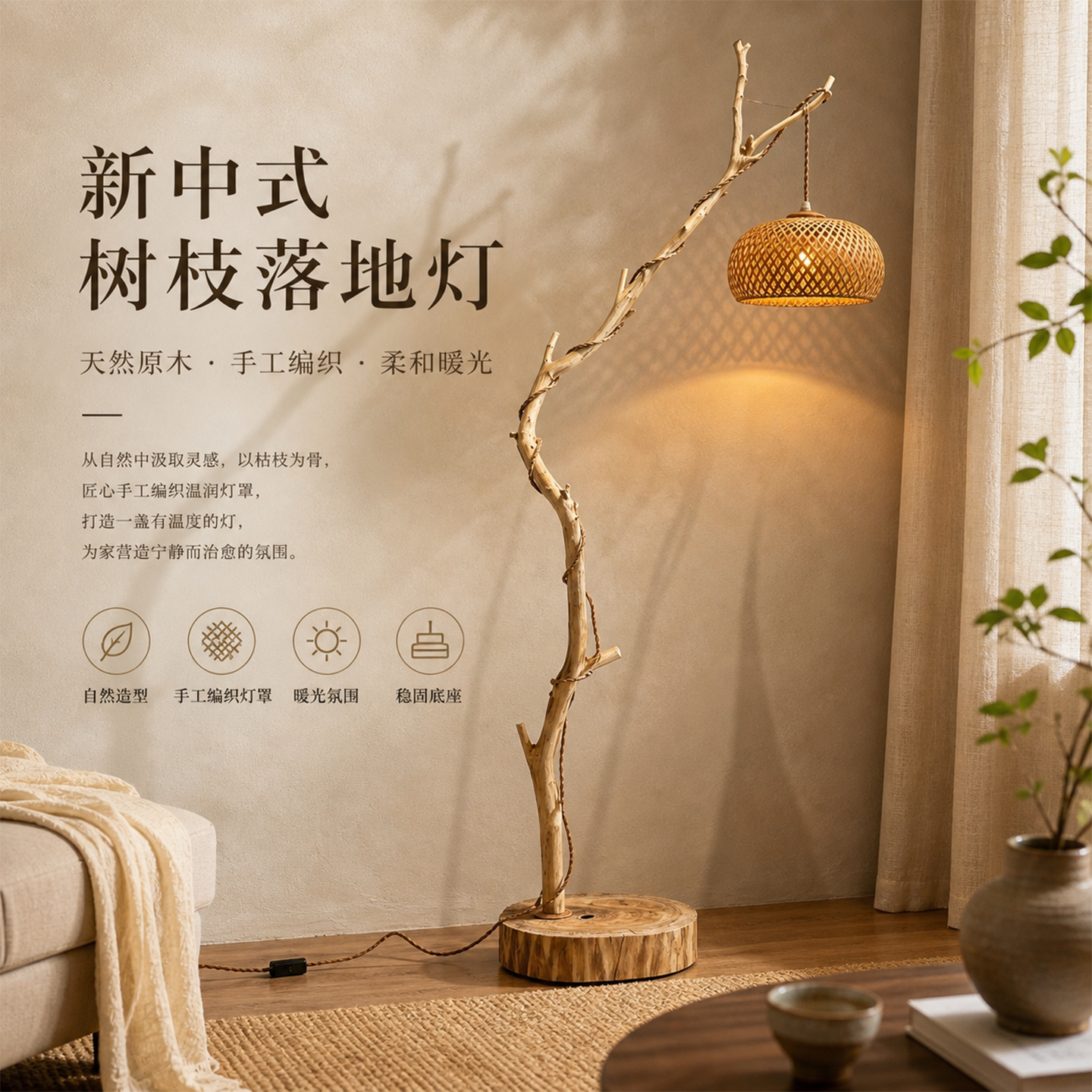 原木色侘寂风天然树枝落地灯中式茶室落地灯客厅卧室氛围灯禅意灯