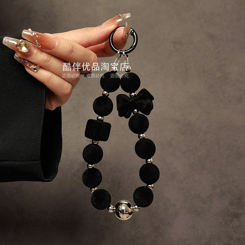 黑色丝绒蝴蝶结串珠手提链手腕短挂绳手机壳汽车钥匙扣包包挂件潮