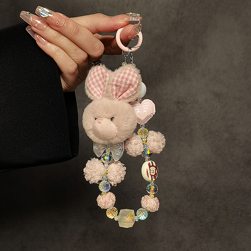 粉色兔子毛绒珠子手提链条短挂绳