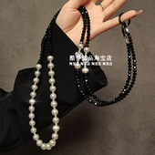 奢华高级感黑水晶灰珍珠长斜挎挂绳链条手机壳包包通用装 饰挂件潮