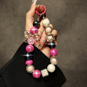 个性 创意玫红珠子手提链条手腕短挂绳带夹片手机壳钥匙扣挂件女潮