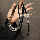 奢华高级感黑珠灰爱心串珠长斜挎挂绳链条手机壳包包通用挂件女潮