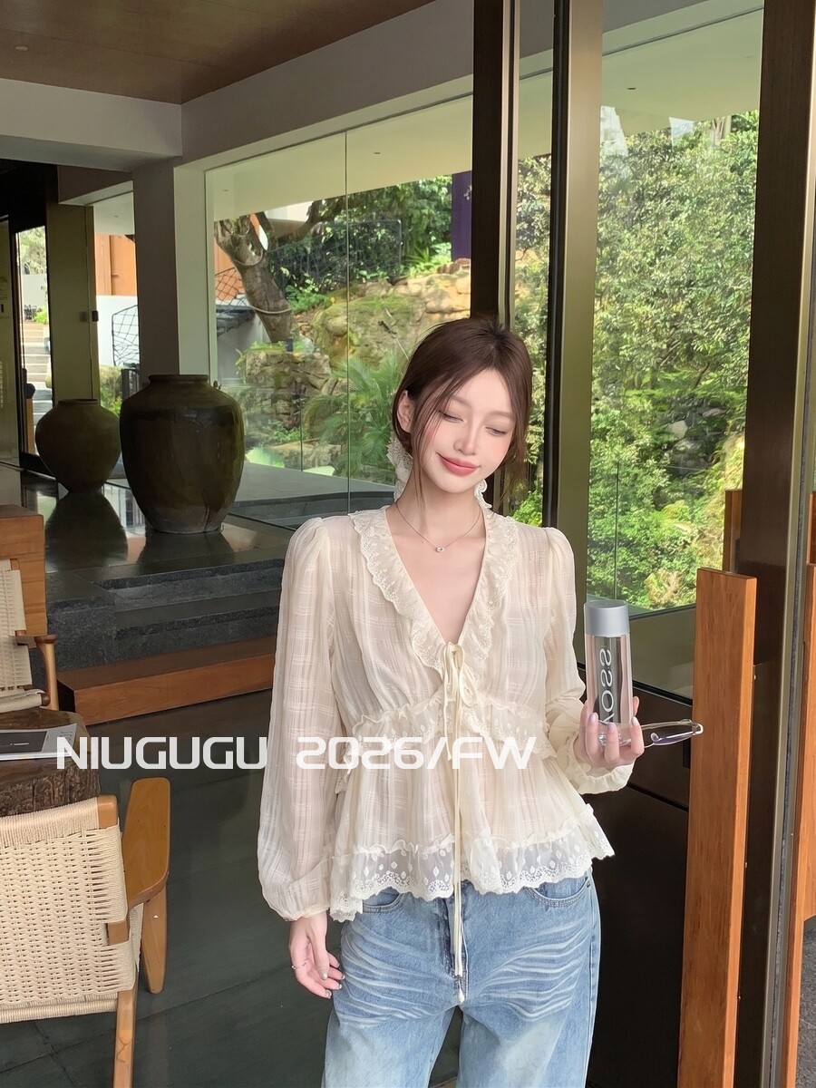 NIUGUGU French Lace Lace Trim Chiffon Shirt 2026 Autumn New Sweet
