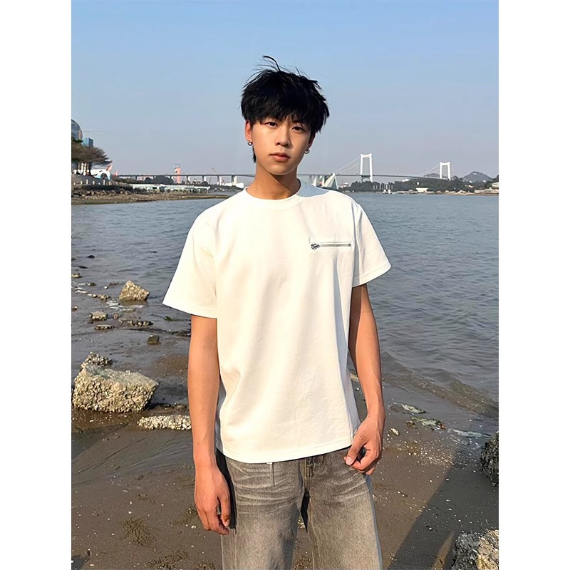 白色美式重磅拉链短袖男夏季cleanfit设计感t恤潮牌痞帅宽松半袖