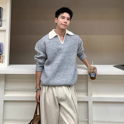 灰色假两件polo领套头毛衣男款秋冬轻奢雅痞风慵懒宽松针织衫打底