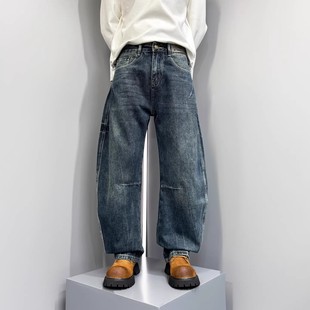 百搭痞帅水洗渐变直筒弯刀裤 2026春秋新款 男士 复古拼接牛仔裤 美式