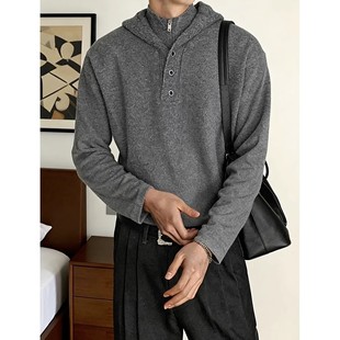 保暖休闲宽松毛衣情侣潮 男秋冬季 美式 慵懒风高领假两件连帽针织衫