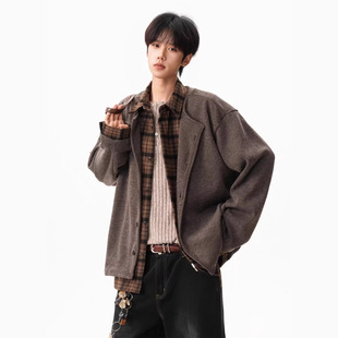 假两件格纹拼接翻领外套男女秋冬cleanfit老钱风加厚情侣夹克开衫
