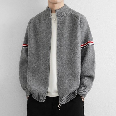 条纹撞色针织开衫毛衣外套男款2026秋冬季美式立领开衫加厚高级感