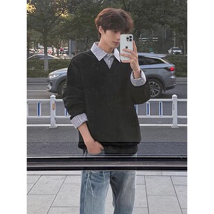 黑色假两件衬衫领卫衣男女cleanfit格子拼接长袖Polo衫内搭打底衫