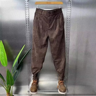 双褶条绒休闲裤 松紧腰宽松拉链小脚哈伦裤 子男2026秋冬款 灯芯绒裤