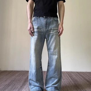 男冬季 vibe提档直筒裤 新款 子美式 高级弯刀裤 蓝色微喇竹节纹牛仔裤