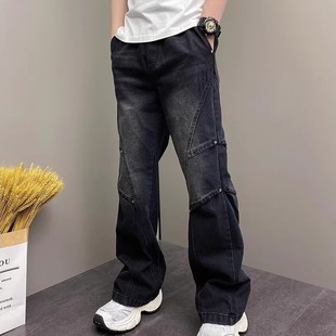 设计感松紧腰宽松直筒潮流百搭休闲男裤 男生秋冬季 微喇牛仔裤 美式
