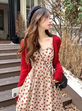 红色短款长袖针织开衫女法式温柔风吊带裙灯芯绒碎花连衣裙春夏季