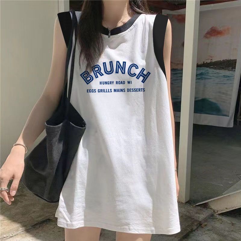纯棉无袖背心女美式复古夏季宽松中长款韩版运动黑白拼接球衣吊带