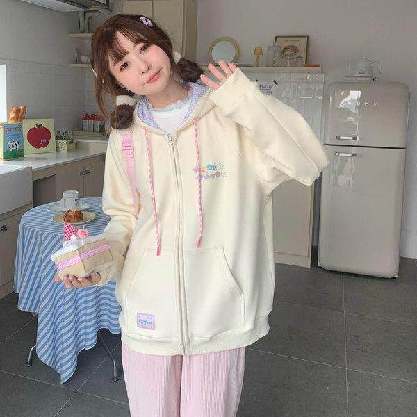 纯棉奶乎乎的卫衣女开衫秋冬甜美学院校园风加绒宽松软妹连帽外套