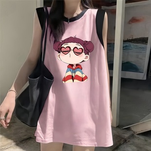纯棉多巴胺吊带无袖背心女外穿夏2025新款宽松坎肩t恤中长款上衣