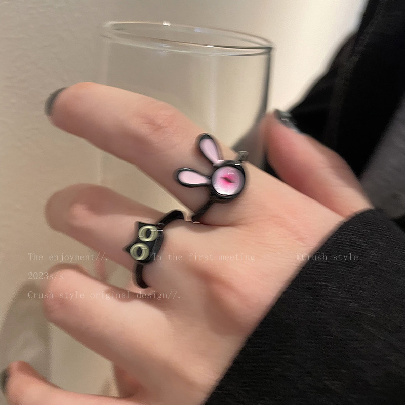 小众设计搞怪黑色小猫咪开口戒指