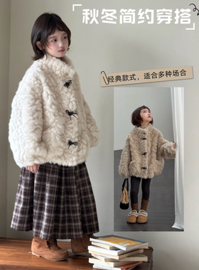 秋冬韩新款女童皮草外套仿小湖羊皮毛一体大衣毛毛短款中大童洋气